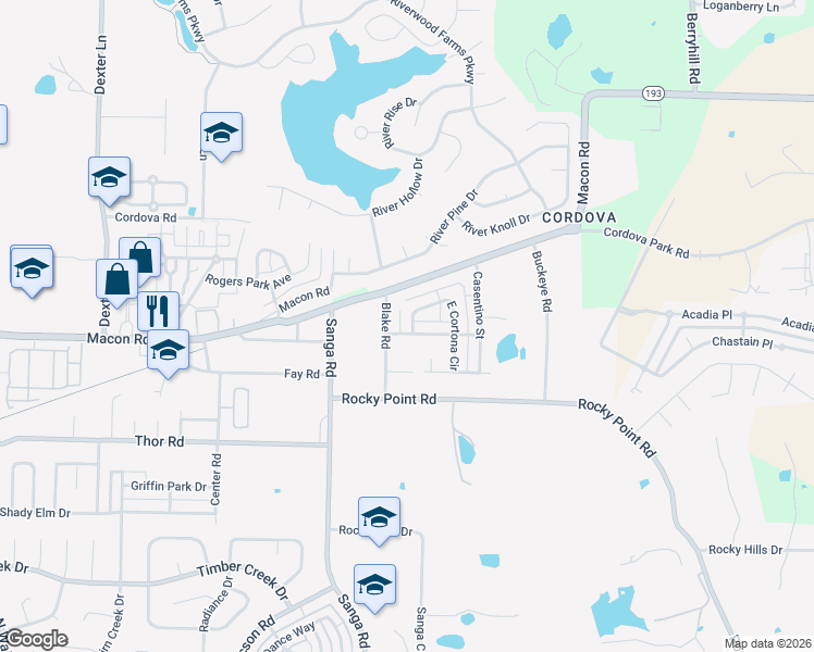 map of restaurants, bars, coffee shops, grocery stores, and more near 1158 Blake Road in Memphis
