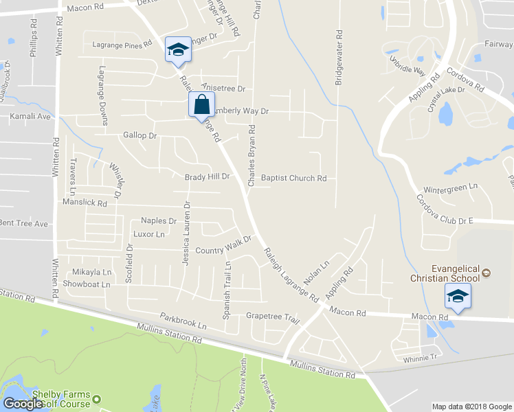 map of restaurants, bars, coffee shops, grocery stores, and more near 7153 Charlton Way in Shelby County
