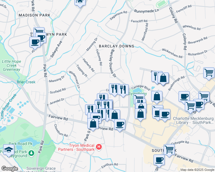 map of restaurants, bars, coffee shops, grocery stores, and more near 5935 Carnegie Boulevard in Charlotte