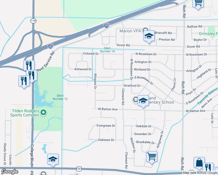 map of restaurants, bars, coffee shops, grocery stores, and more near 1305 Stratford Drive in West Memphis