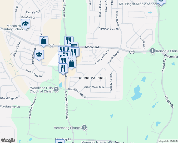 map of restaurants, bars, coffee shops, grocery stores, and more near 1164 Cross Valley Cove in Shelby County