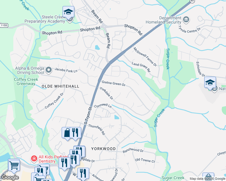 map of restaurants, bars, coffee shops, grocery stores, and more near 1307 Gretna Green Drive in Charlotte