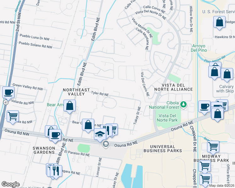 map of restaurants, bars, coffee shops, grocery stores, and more near 619 Kabrico Court in Albuquerque
