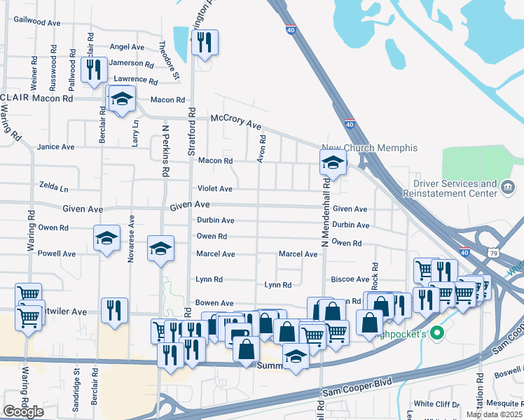 map of restaurants, bars, coffee shops, grocery stores, and more near 924 Avon Road in Memphis