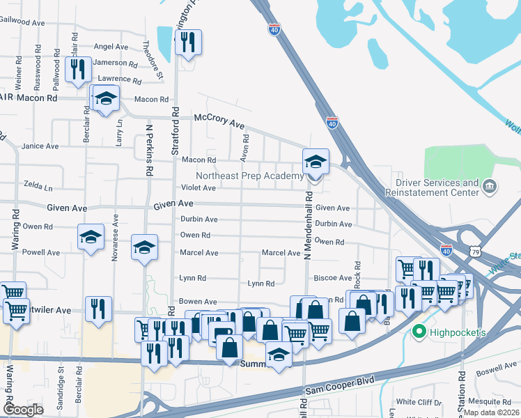 map of restaurants, bars, coffee shops, grocery stores, and more near 4786 Given Avenue in Memphis