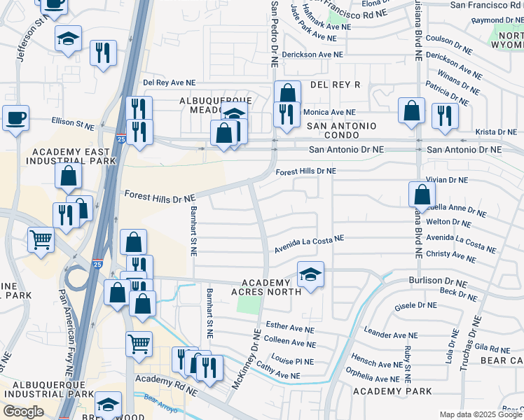 map of restaurants, bars, coffee shops, grocery stores, and more near 6421 Pine Park Place Northeast in Albuquerque