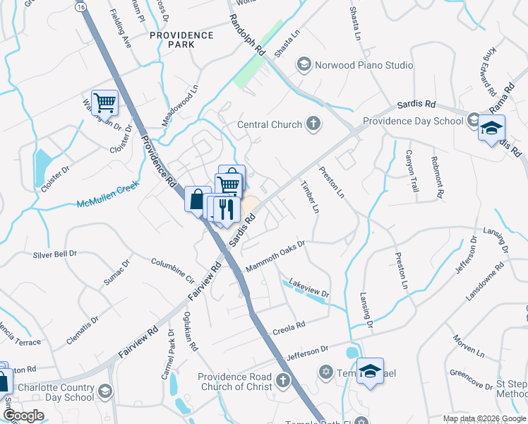map of restaurants, bars, coffee shops, grocery stores, and more near 5640 Strawberry Hill Drive in Charlotte