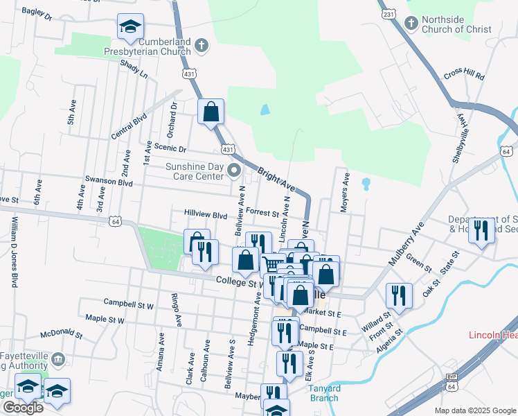 map of restaurants, bars, coffee shops, grocery stores, and more near 509 Lee Avenue in Fayetteville