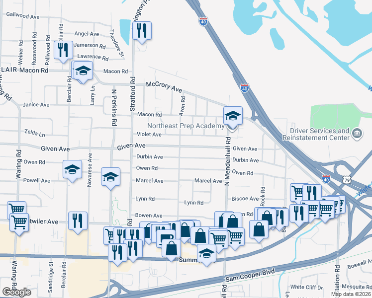 map of restaurants, bars, coffee shops, grocery stores, and more near 4786 Given Avenue in Memphis