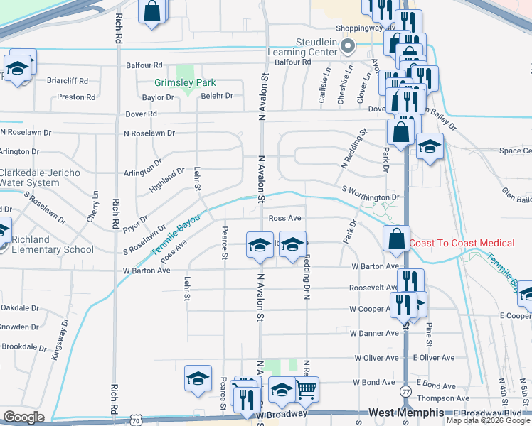 map of restaurants, bars, coffee shops, grocery stores, and more near 911 North Avalon Street in West Memphis