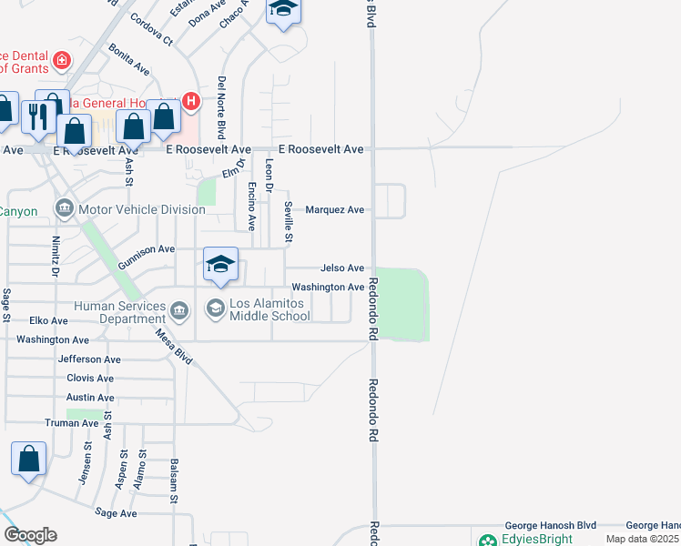 map of restaurants, bars, coffee shops, grocery stores, and more near 1253 Jelso Avenue in Grants