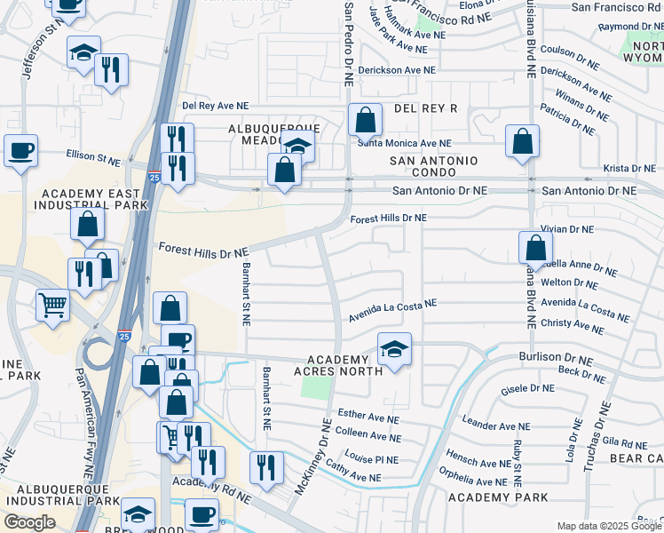 map of restaurants, bars, coffee shops, grocery stores, and more near 6421 Pine Park Place Northeast in Albuquerque