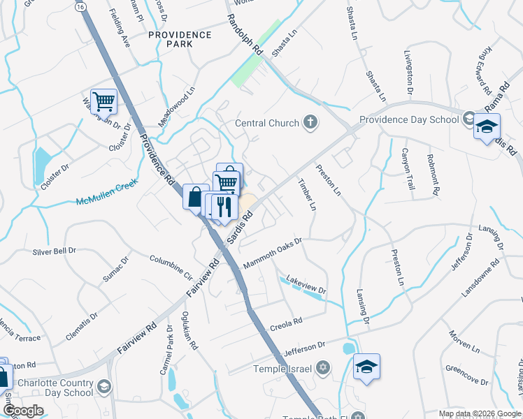 map of restaurants, bars, coffee shops, grocery stores, and more near 5640 Strawberry Hill Drive in Charlotte