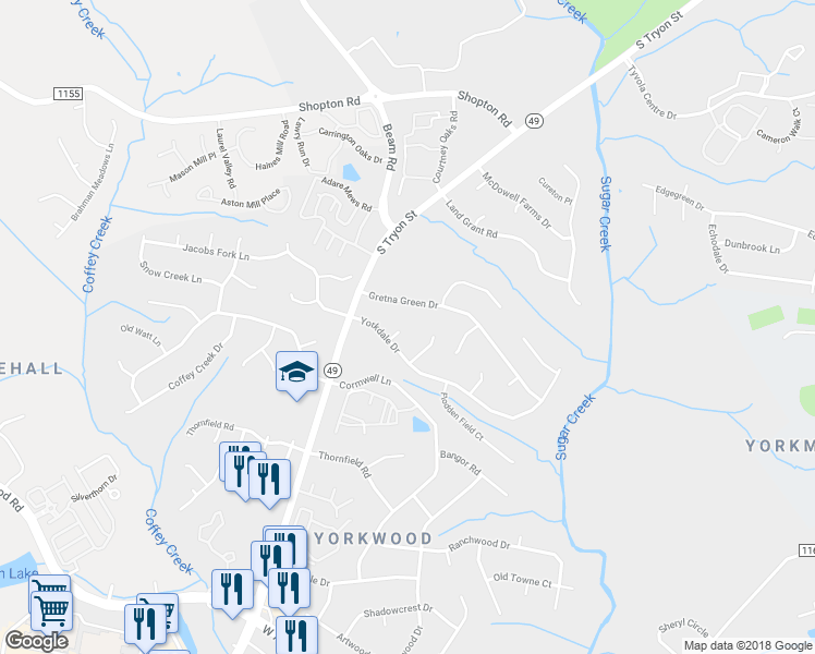 map of restaurants, bars, coffee shops, grocery stores, and more near 1307 Gretna Green Drive in Charlotte