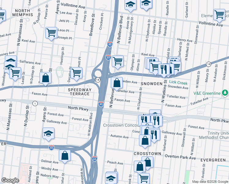 map of restaurants, bars, coffee shops, grocery stores, and more near 1176 Tutwiler Avenue in Memphis