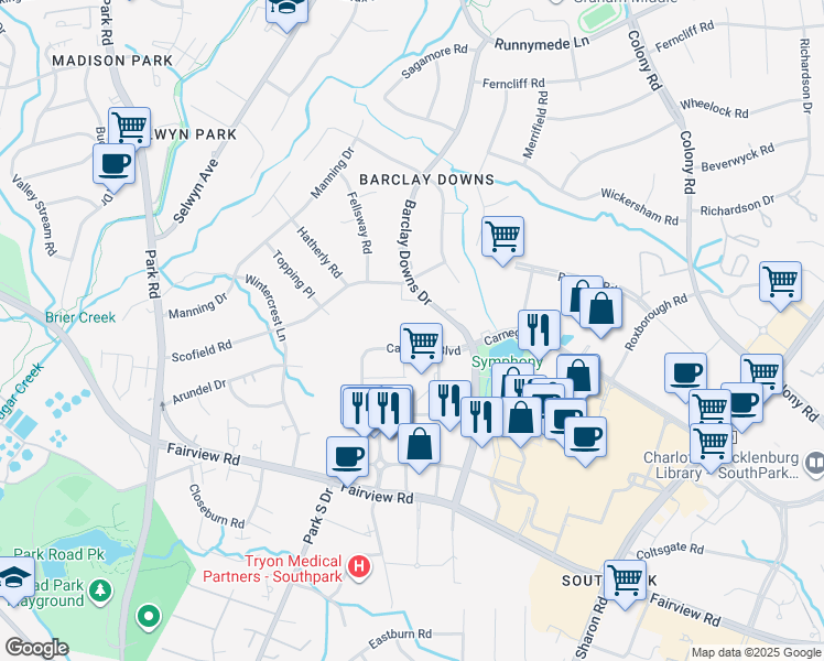 map of restaurants, bars, coffee shops, grocery stores, and more near 5955 Carnegie Boulevard in Charlotte