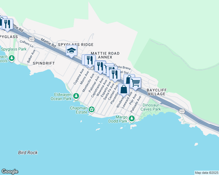 map of restaurants, bars, coffee shops, grocery stores, and more near 148 Santa Fe Avenue in Pismo Beach