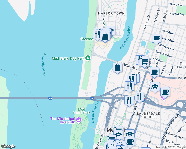 map of restaurants, bars, coffee shops, grocery stores, and more near 19 Island Drive in Memphis
