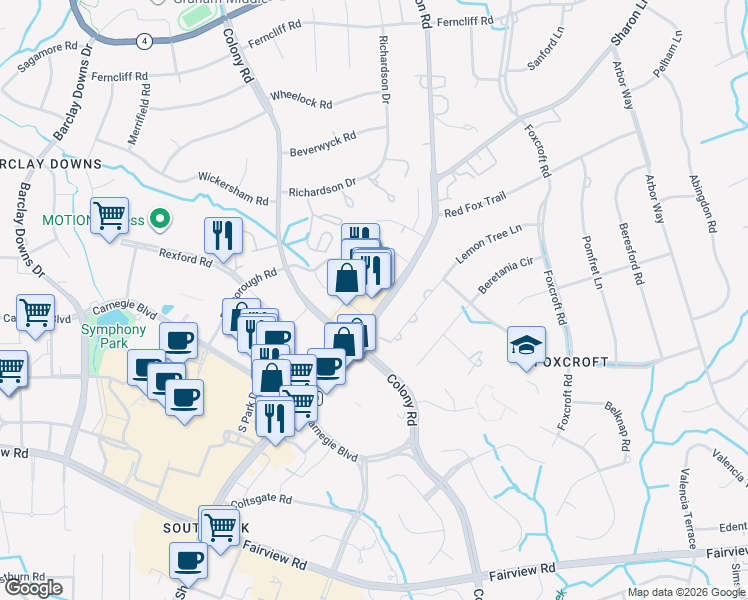 map of restaurants, bars, coffee shops, grocery stores, and more near 3921-05 Cornerwood Lane in Charlotte