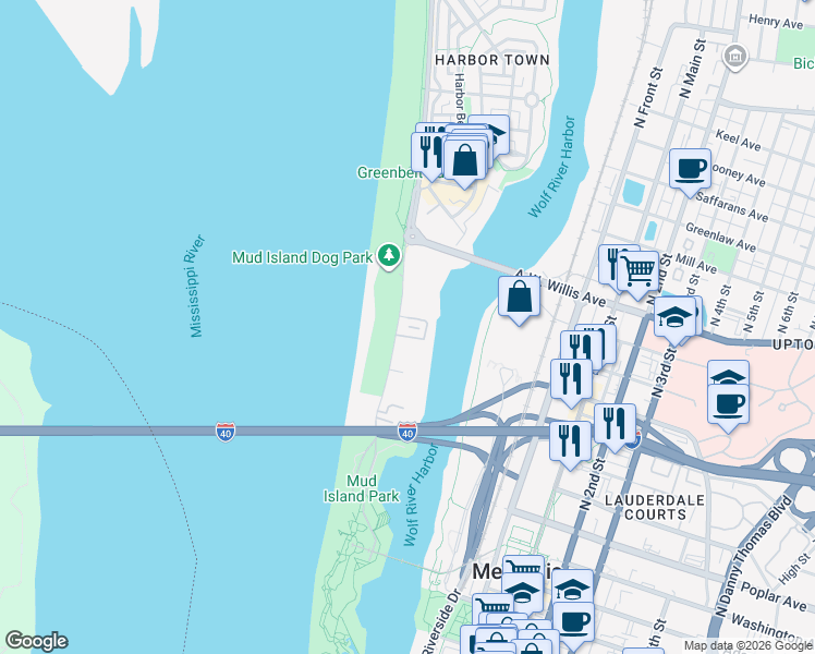 map of restaurants, bars, coffee shops, grocery stores, and more near 19 Island Drive in Memphis