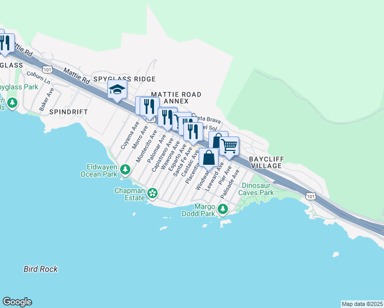 map of restaurants, bars, coffee shops, grocery stores, and more near 1127 Shell Beach Road in Pismo Beach