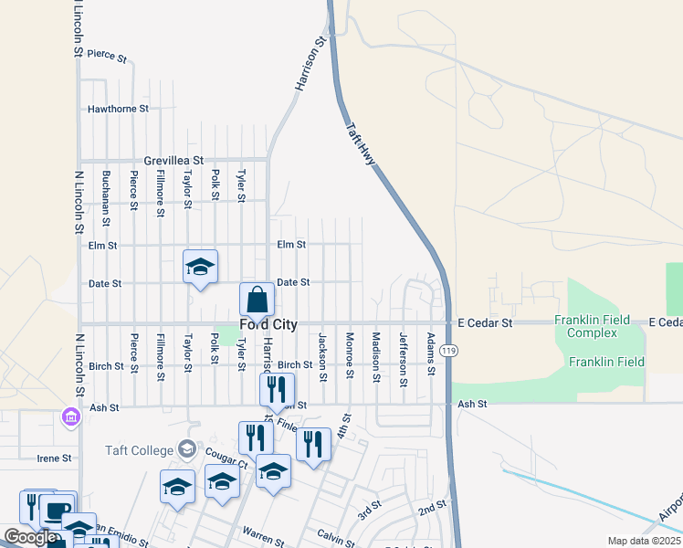 map of restaurants, bars, coffee shops, grocery stores, and more near 410 Monroe Street in Taft