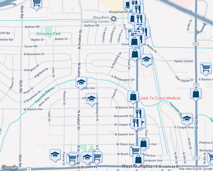 map of restaurants, bars, coffee shops, grocery stores, and more near 217 Ross Avenue in West Memphis