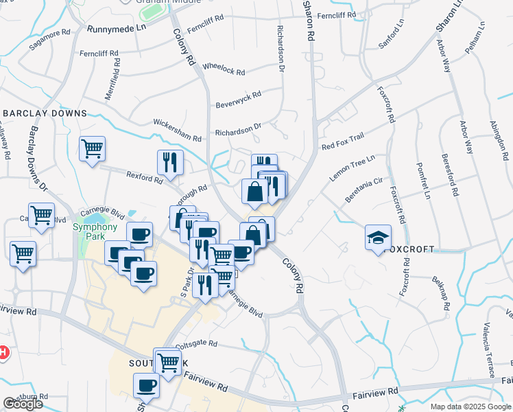 map of restaurants, bars, coffee shops, grocery stores, and more near Governor Morrison Street in Charlotte