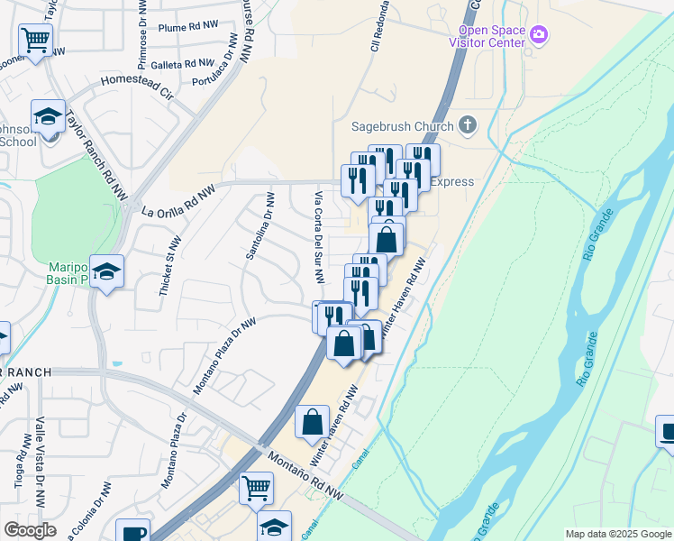 map of restaurants, bars, coffee shops, grocery stores, and more near 4119 Moncloa Court Northwest in Albuquerque