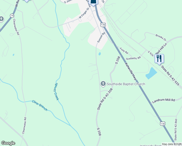 map of restaurants, bars, coffee shops, grocery stores, and more near 360 Sunset Road in Landrum