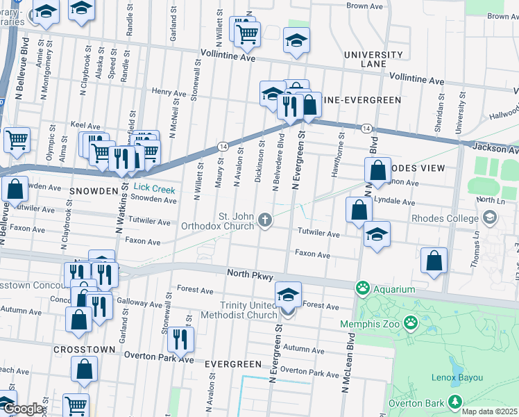 map of restaurants, bars, coffee shops, grocery stores, and more near 689 North Belvedere Boulevard in Memphis