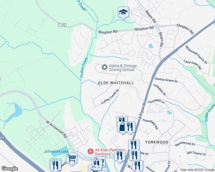 map of restaurants, bars, coffee shops, grocery stores, and more near 7330 Captain Neal Lane in Charlotte