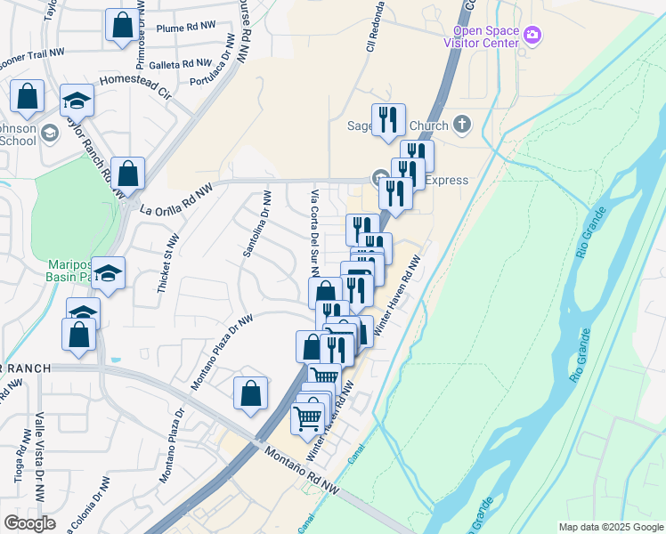 map of restaurants, bars, coffee shops, grocery stores, and more near 4119 Moncloa Court Northwest in Albuquerque