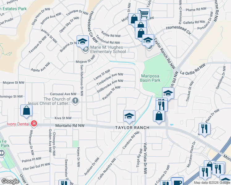 map of restaurants, bars, coffee shops, grocery stores, and more near 5500 Kachina Street Northwest in Albuquerque