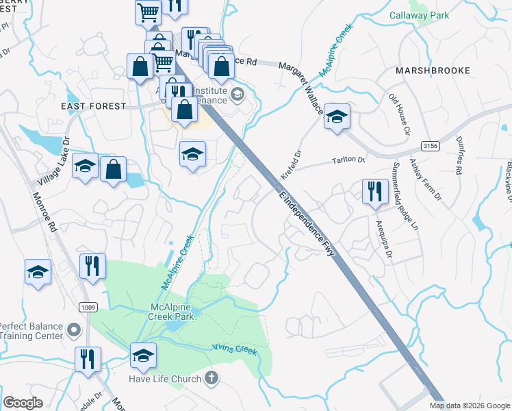 map of restaurants, bars, coffee shops, grocery stores, and more near 7900 Krefeld Drive in Charlotte