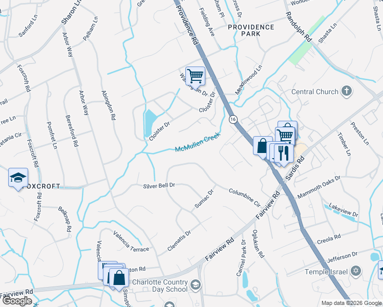 map of restaurants, bars, coffee shops, grocery stores, and more near 3920 Providence Road in Charlotte