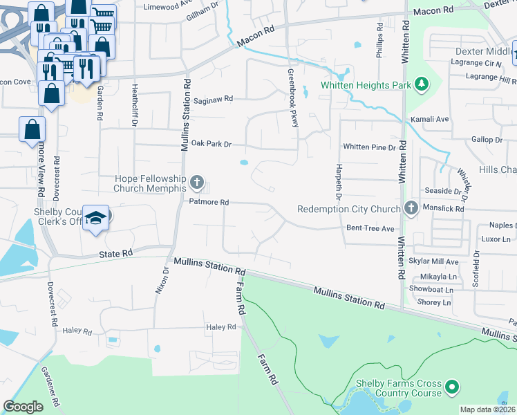 map of restaurants, bars, coffee shops, grocery stores, and more near 6524 Patmore Road in Memphis