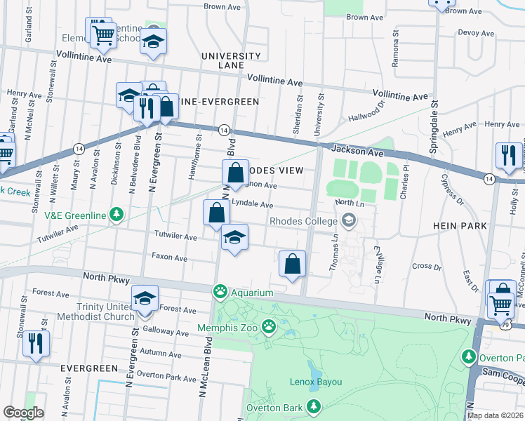 map of restaurants, bars, coffee shops, grocery stores, and more near 1930 Lyndale Avenue in Memphis