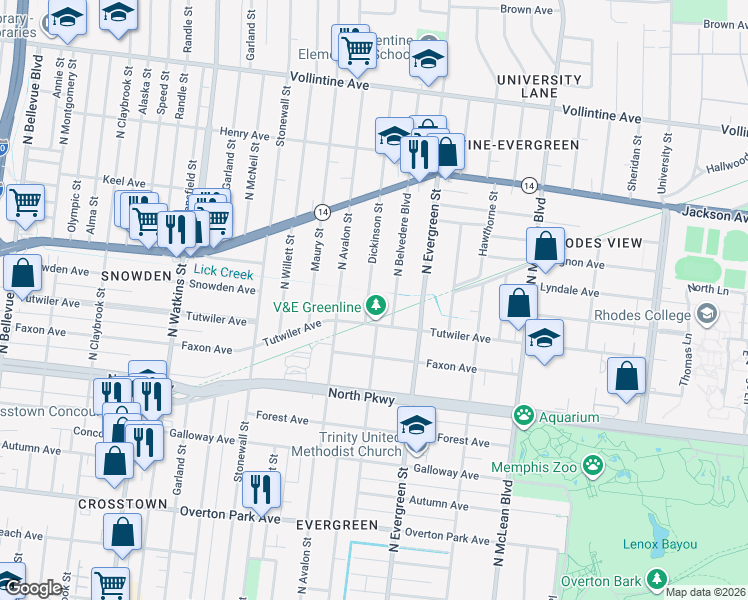 map of restaurants, bars, coffee shops, grocery stores, and more near 689 North Belvedere Boulevard in Memphis