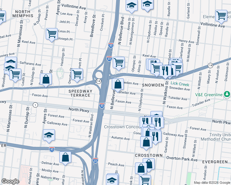 map of restaurants, bars, coffee shops, grocery stores, and more near 1176 Tutwiler Avenue in Memphis