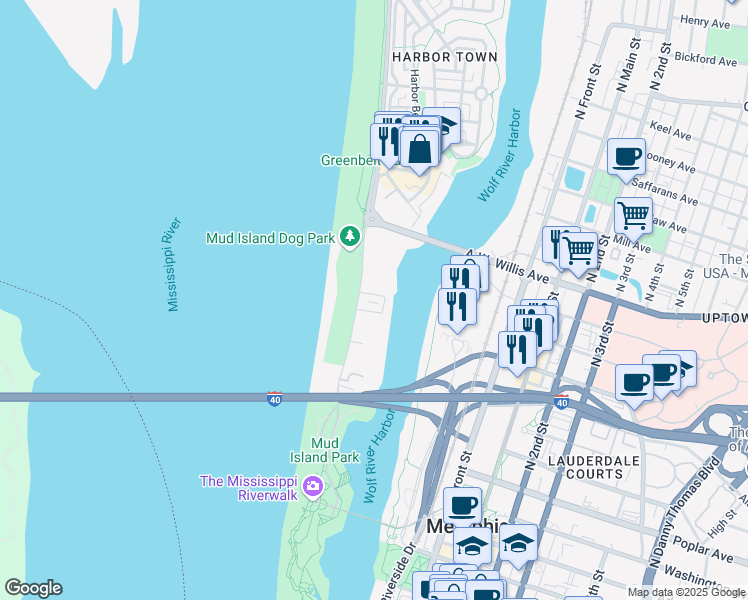 map of restaurants, bars, coffee shops, grocery stores, and more near 19 Island Drive in Memphis