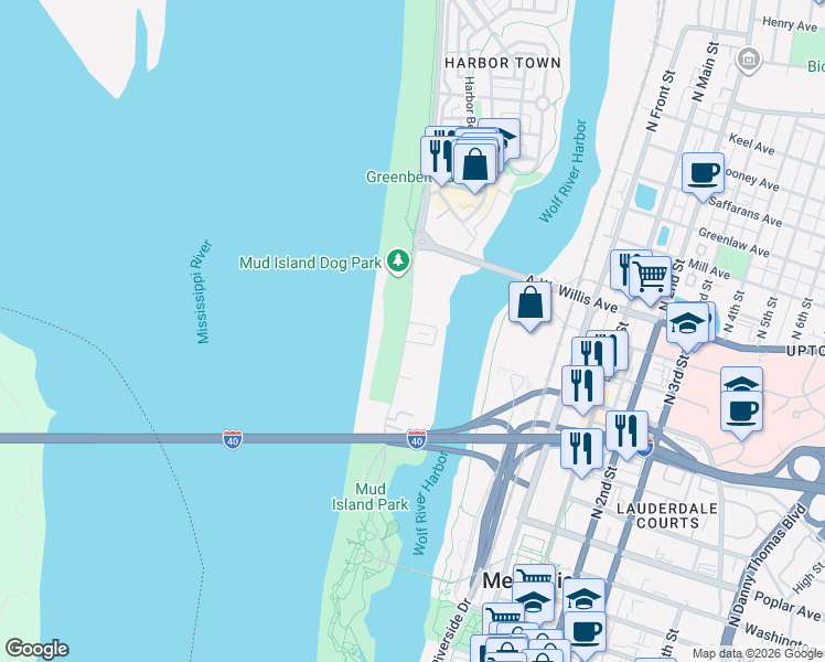 map of restaurants, bars, coffee shops, grocery stores, and more near 380 Island Drive in Memphis