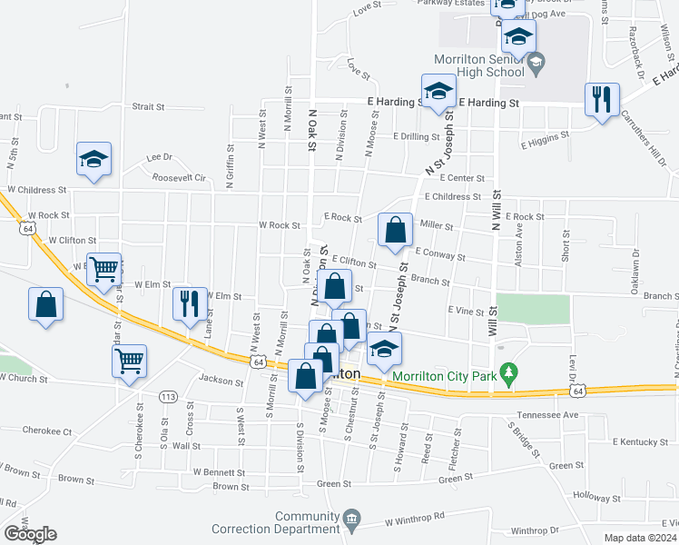 map of restaurants, bars, coffee shops, grocery stores, and more near 104 East Clifton Street in Morrilton
