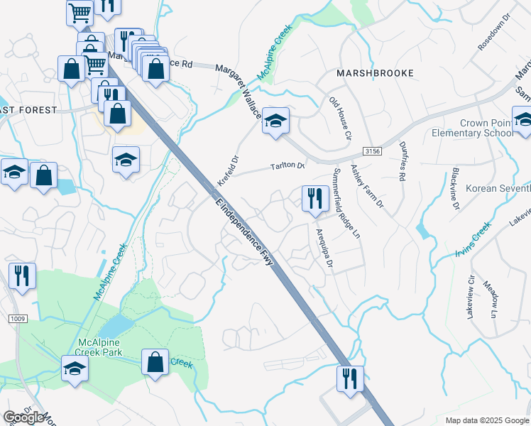 map of restaurants, bars, coffee shops, grocery stores, and more near 7811 Woodway Oak Circle in Matthews