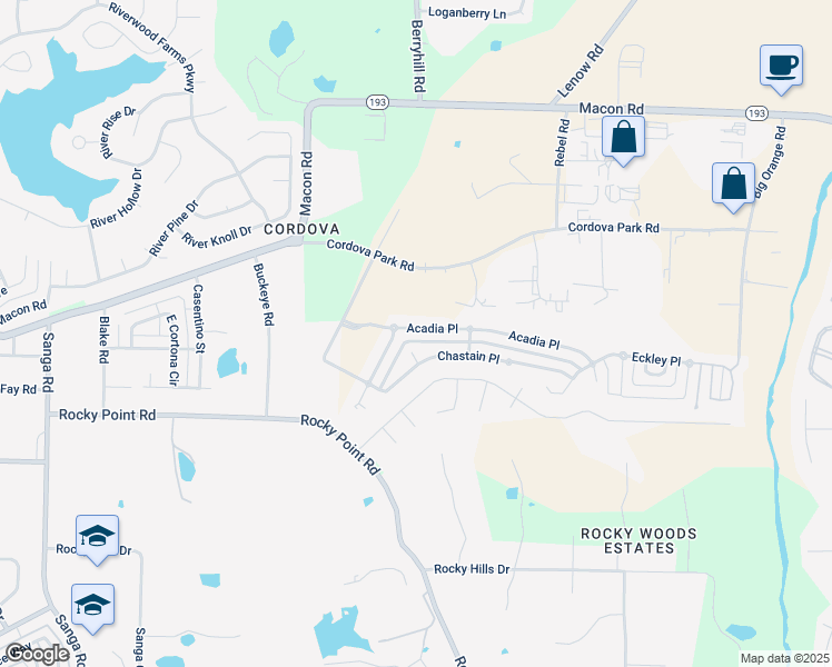 map of restaurants, bars, coffee shops, grocery stores, and more near 9172 Acadia Place in Shelby County