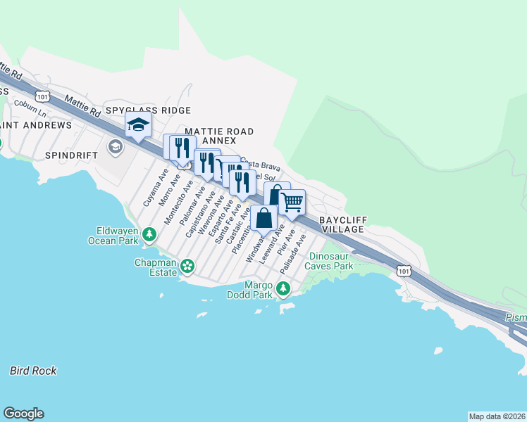 map of restaurants, bars, coffee shops, grocery stores, and more near 900 Shell Beach Road in Pismo Beach