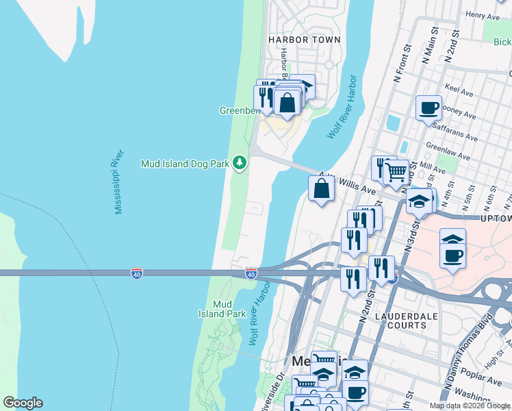 map of restaurants, bars, coffee shops, grocery stores, and more near 19 Island Drive in Memphis