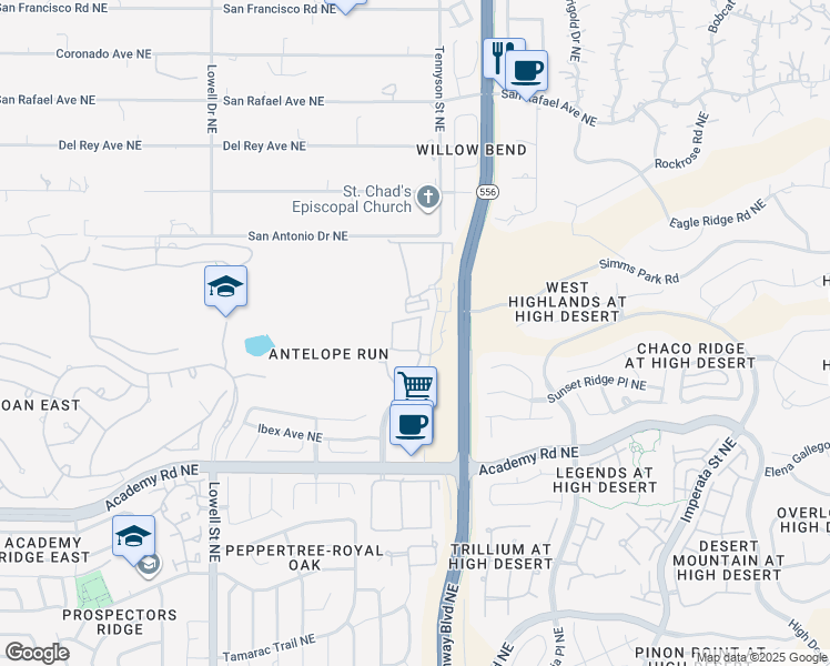 map of restaurants, bars, coffee shops, grocery stores, and more near 6601 Tennyson Street Northeast in Albuquerque