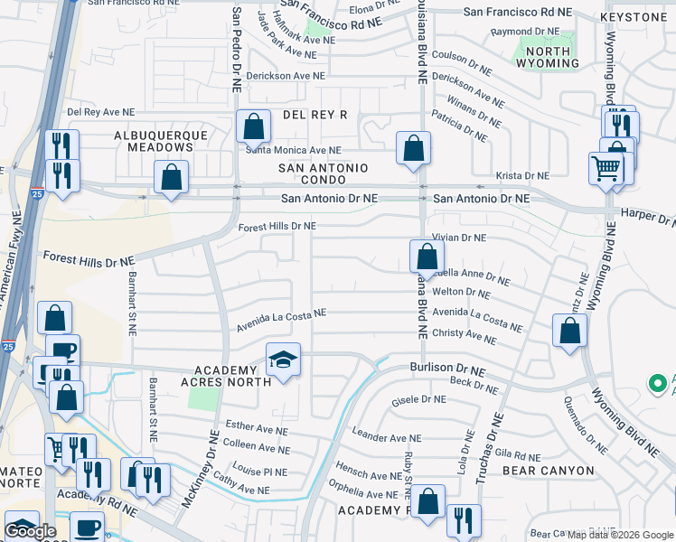 map of restaurants, bars, coffee shops, grocery stores, and more near 6608 Luella Anne Drive Northeast in Albuquerque
