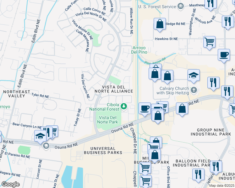map of restaurants, bars, coffee shops, grocery stores, and more near 6804 Calle Laguna Northeast in Albuquerque